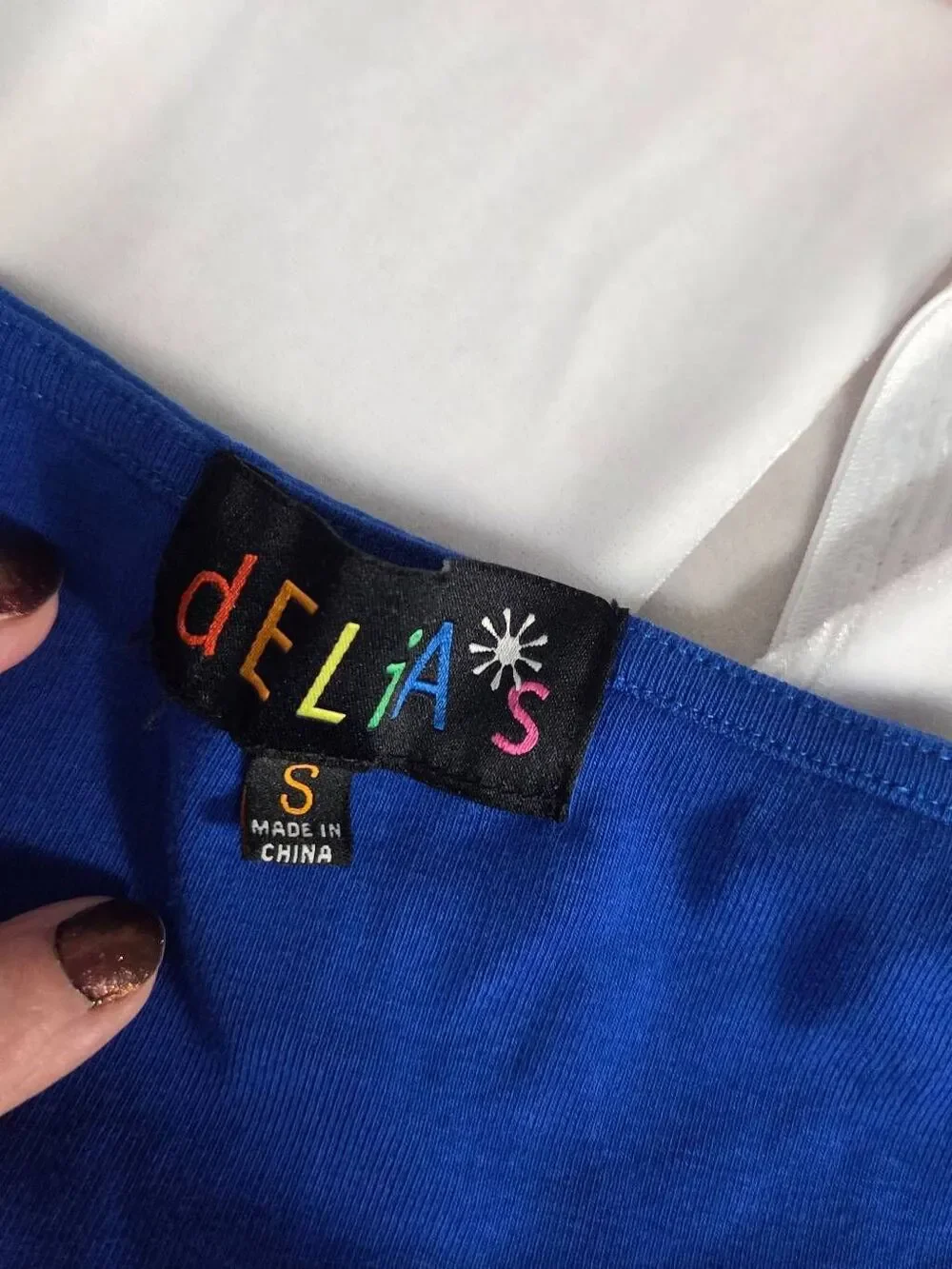Delia's by Dolls Kill Royal Blue Crystal Button Skater Dress Contrast Seams Sz.
